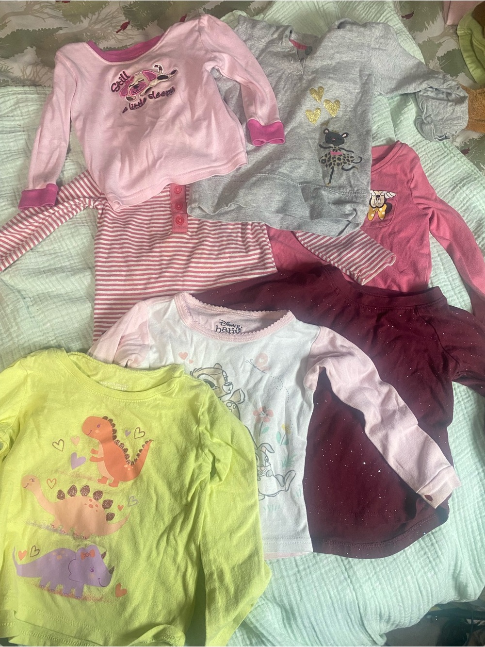 7 pc. 18 month-Girls Long Sleeve Tee Bundle - Pastel Pink, Gray, Lime, Maroon